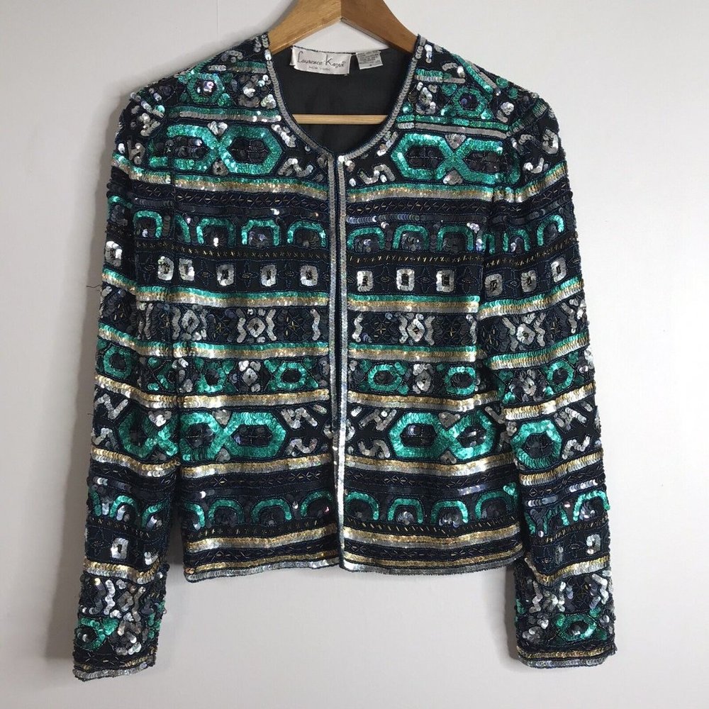 Vintage Lawrence Kazar Sequin Blazer Silk Lined Green Black  Women's Small